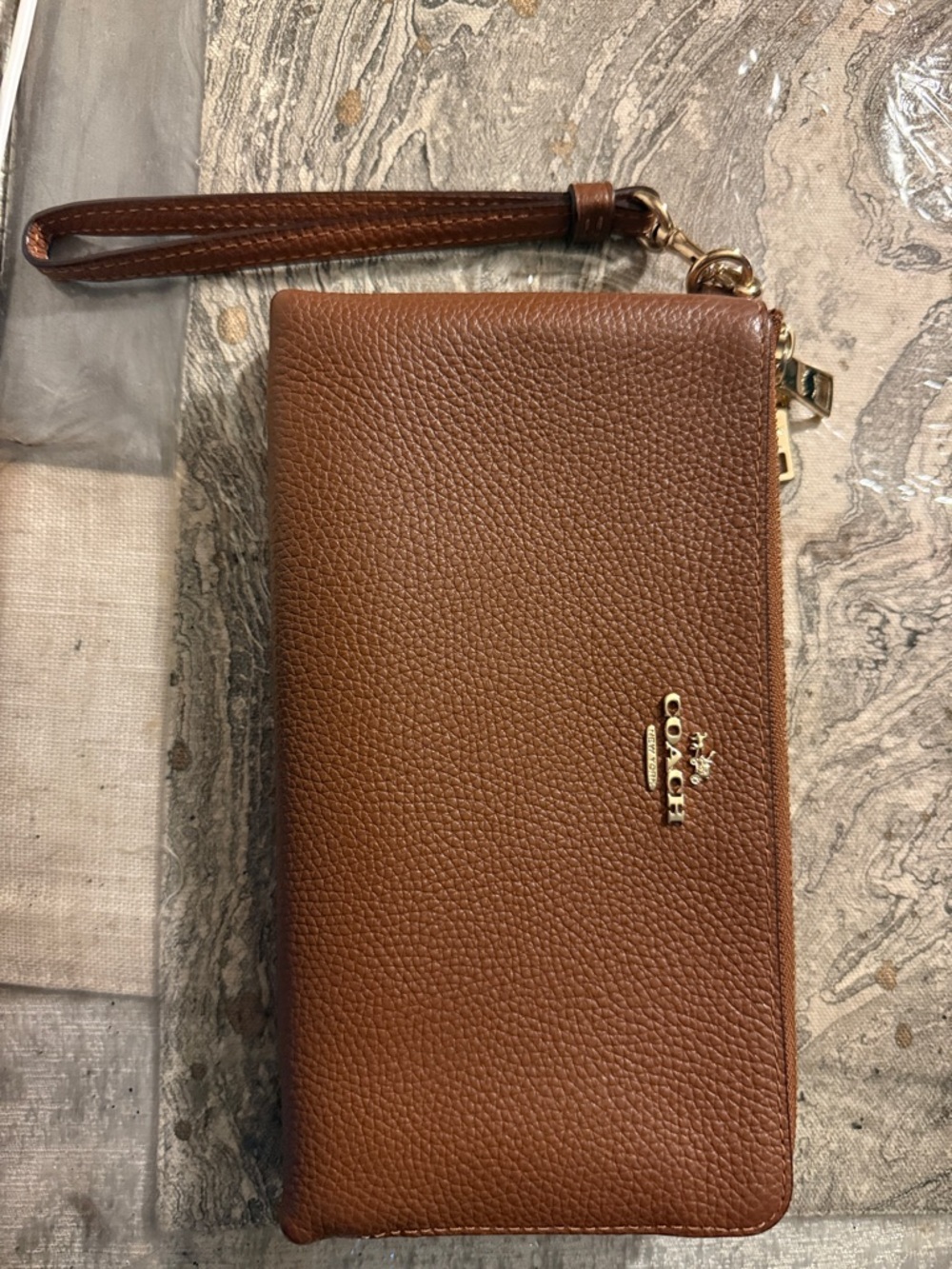 Coach Brown Pebbled Leather Zip Wristlet with Gold Hardware